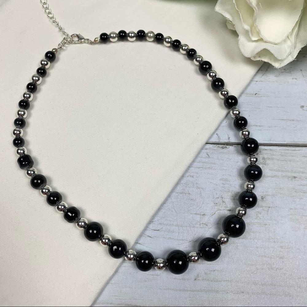 Black Silver Graduated Bead Necklace